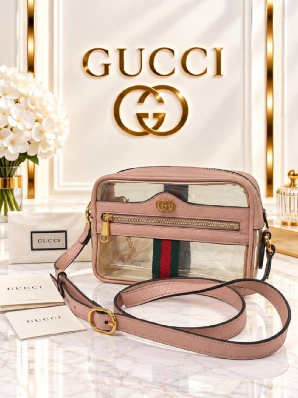 Authentic Gucci Ophidia Clear Leather Mini Crossbody Bag Web Stripe GG Luxury
